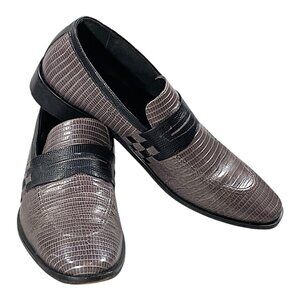 Stacy Adams Shoes Mens 9 Gray Black Leather Lizard Print Loafer Dress Dandy Chic